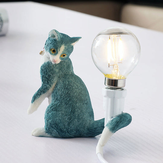 Tabby Cat Table Lamp For Kids - Iron Nightstand Light With Bare Bulb Design Black/Yellow/Blue Blue /
