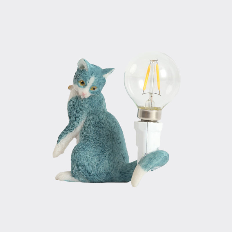 Tabby Cat Table Lamp For Kids - Iron Nightstand Light With Bare Bulb Design Black/Yellow/Blue