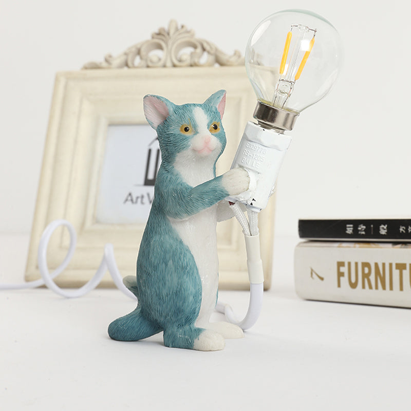 Tabby Cat Table Lamp For Kids - Iron Nightstand Light With Bare Bulb Design Black/Yellow/Blue Blue /