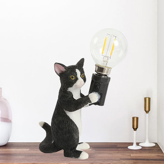 Tabby Cat Table Lamp For Kids - Iron Nightstand Light With Bare Bulb Design Black/Yellow/Blue Black