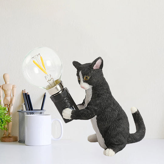 Tabby Cat Table Lamp For Kids - Iron Nightstand Light With Bare Bulb Design Black/Yellow/Blue Black