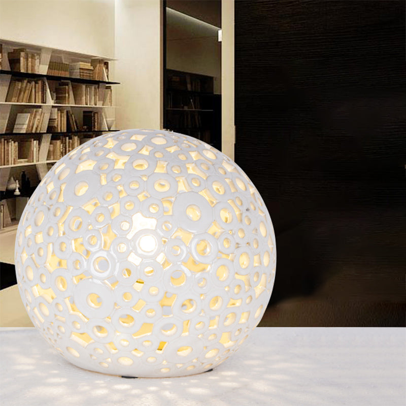 Modern White Hollow-Out Globe Table Light Ceramic Night Lamp For Bedroom