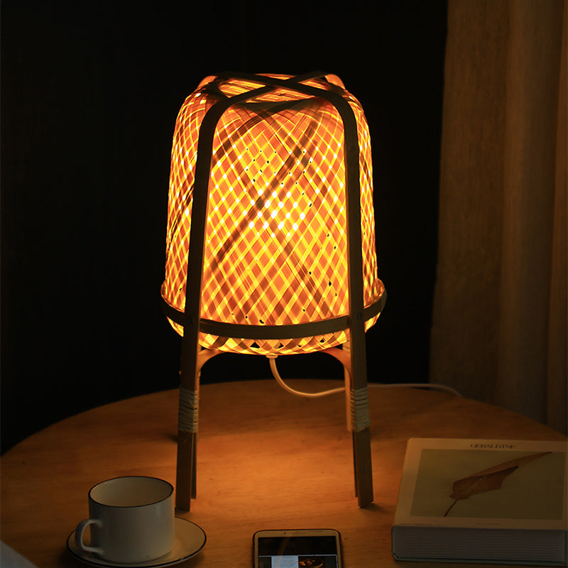 Hand-Woven Beige Asian Style Bamboo Rattan Night Lamp With Table Light - 1 Bulb For Bedside