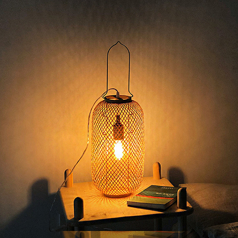 1-Head Asian-Style Flaxen Cylinder Cage Nightstand Lamp With Bamboo Rattan Shade