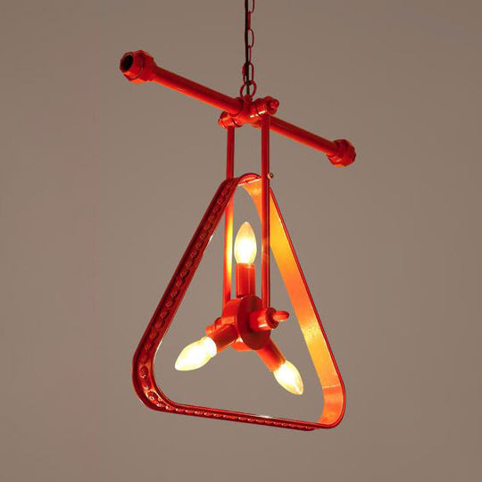 Vintage Style Triangle Chandelier With Metallic Finish And Wire Frame - 3 Lights Black/Red Red