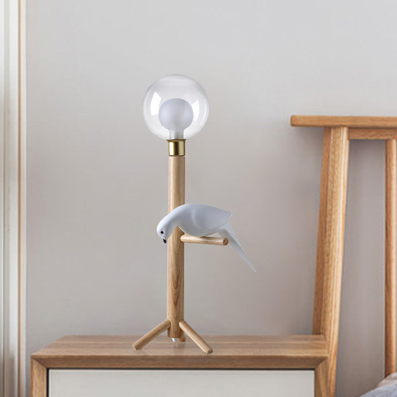 Modernist Wood Table Lamp With Clear Glass Sphere Night Light And Bird Decoled