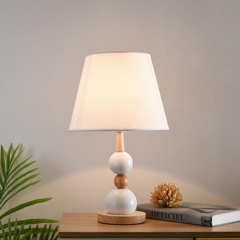 Modernist Nightstand Lamp: White/Black Barrel 1 Head Fabric Shade Modo Wood Deco White