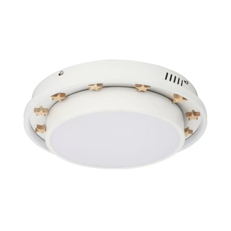 White Led Flush Mount Lamp With Modern Metallic Finish & Wooden Star Deco