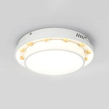 White Led Flush Mount Lamp With Modern Metallic Finish & Wooden Star Deco