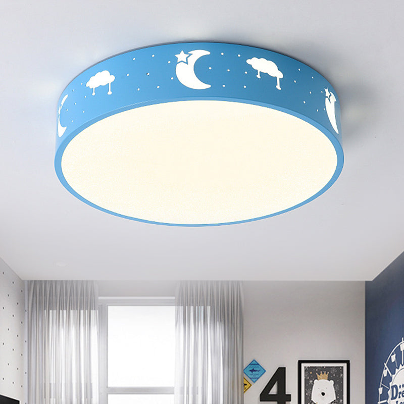 Led Bedroom Flush Mount Ceiling Fixture - Kids Pink/White/Blue Light With Fun Cutouts In Moon Star