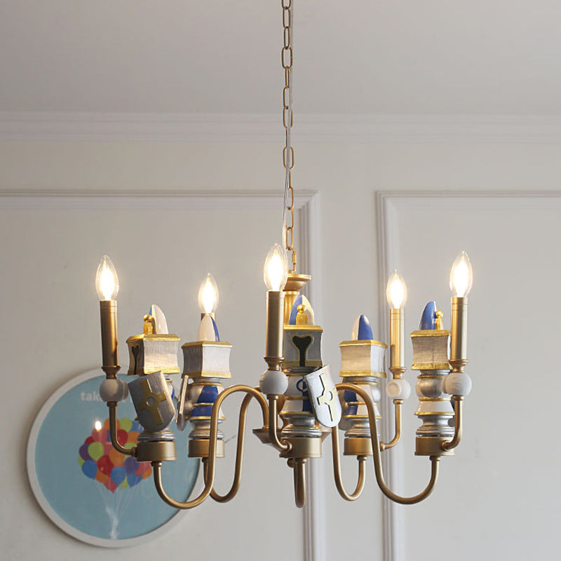 Vintage Metal Curved Arm Pendant Chandelier With 5 Bulbs - Gold Finish Ceiling Suspension Light