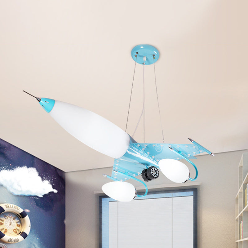 Blue Cartoon Plane Led Kids Bedroom Chandelier With Opal Glass Shade