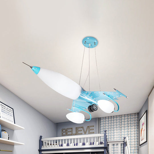 Blue Cartoon Plane Led Kids Bedroom Chandelier With Opal Glass Shade