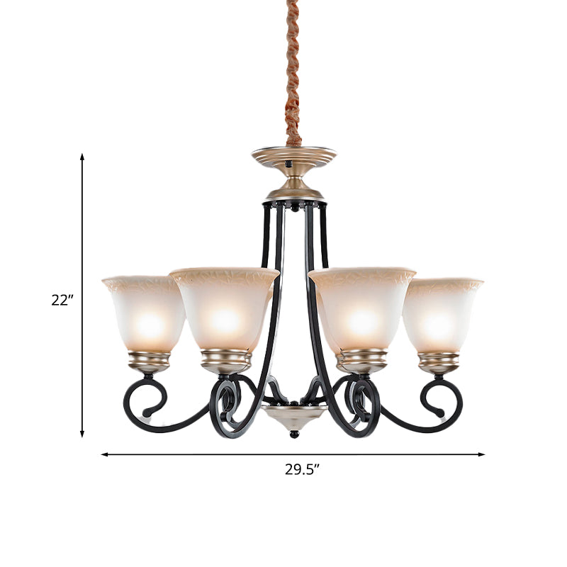 Frosted Glass Chandelier With Black Flared Pendant Light - Classic Design 6/8 Heads Scrolled Arm