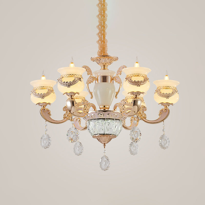 Traditional Jade Gold Chandelier With 6-Light Candle Lighting And Crystal Drop
