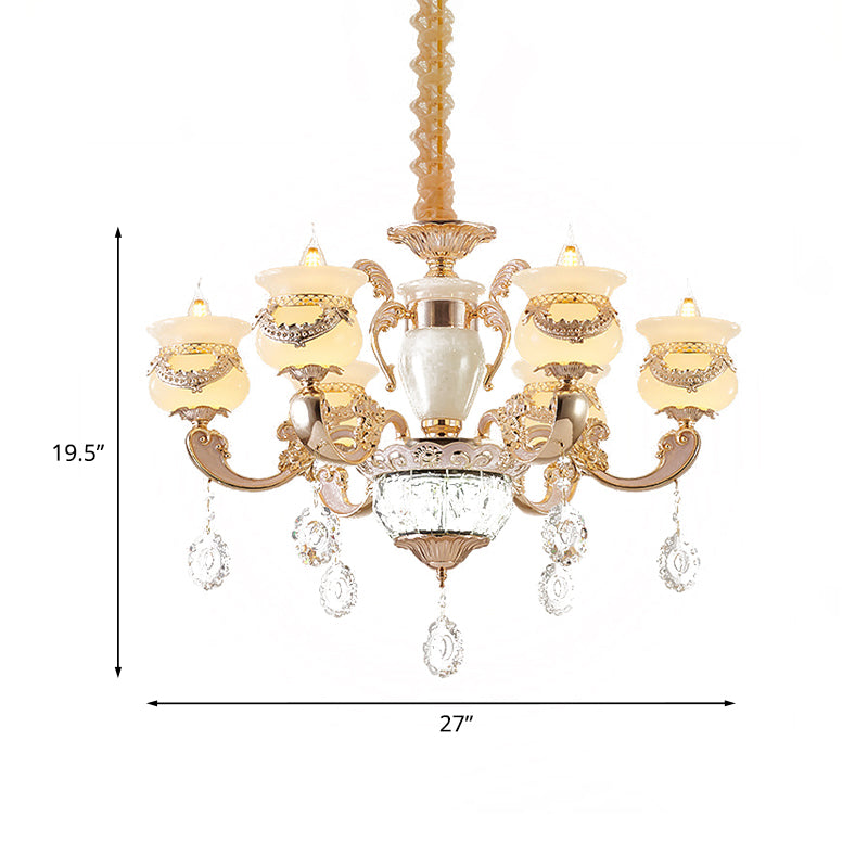Traditional Jade Gold Chandelier With 6-Light Candle Lighting And Crystal Drop