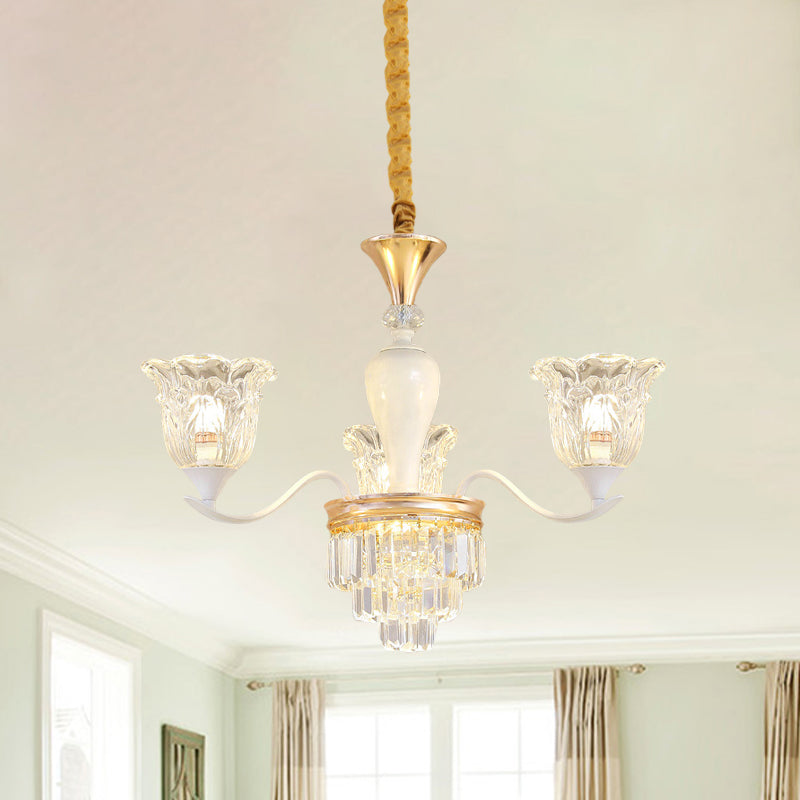 Traditional Clear Crystal Glass Chandelier Lamp - Blossom Bedroom Pendant (3/6-Head) In Gold