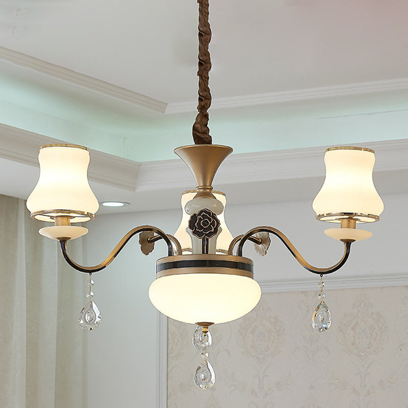 Traditional Cream Glass Brass Chandelier With Crystal Drop - Curved Arm 3/6 Bulbs 3 /