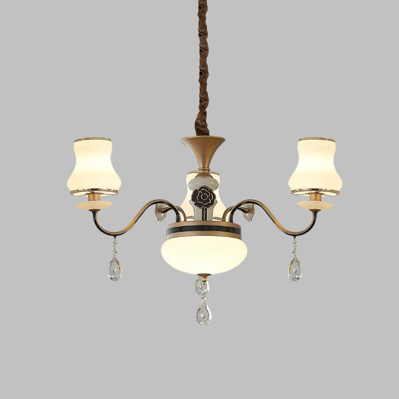 Traditional Cream Glass Brass Chandelier With Crystal Drop - Curved Arm 3/6 Bulbs