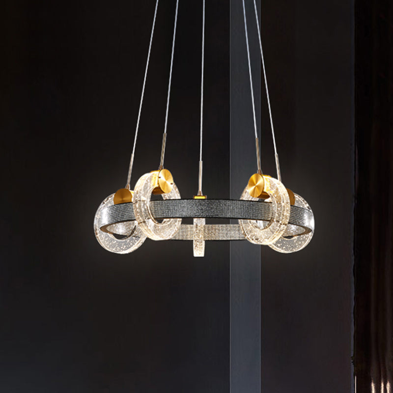 Black Crystal Chandelier - Luxurious Multi Ring Suspension Light with 5 Heads