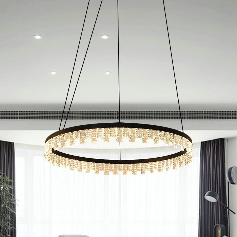 Modern Circle Crystal Chandelier: LED Rectangle Hanging Lamp in Black