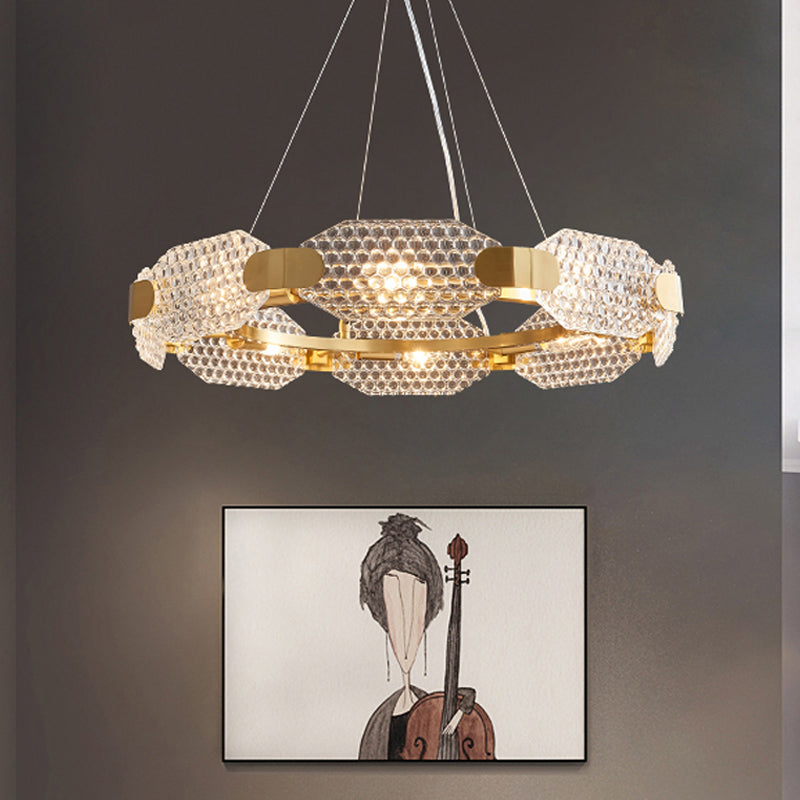 Gold Crystal Chandelier - Simple Style 6 Lights Bedroom Hanging Lamp Kit With Octangular Panel
