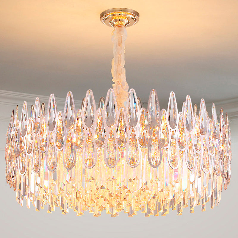 Gold Chandelier With 6 Clear Crystal Teardrop Heads - Modern Hanging Ceiling Light