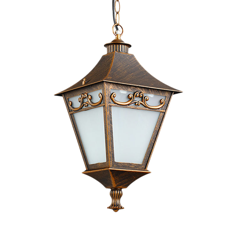 Rustic White Glass Lantern Hanging Ceiling Light - Black/Bronze Single Bulb Pendant For Corridor