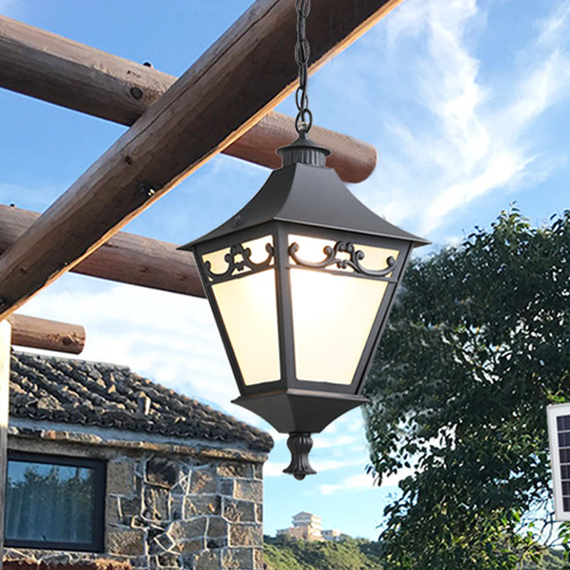 Rustic White Glass Lantern Hanging Ceiling Light - Black/Bronze Single Bulb Pendant For Corridor