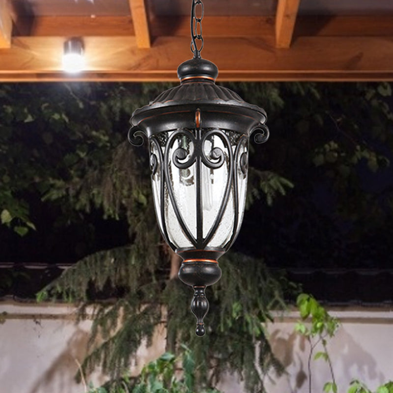 Traditional Black Finish Pendant Lamp With Clear Seeded Glass Shade