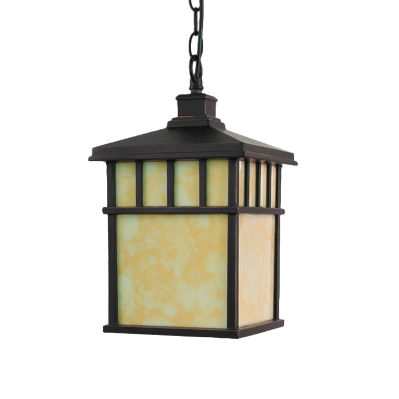 Traditional Frosted Glass Lantern Pendant: 1-Light Black Suspension Light For Corridors