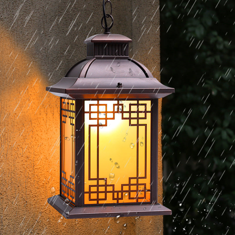 Lodge Lantern Pendant Light - Yellow Glass Down Lighting In Coffee For Outdoor Use