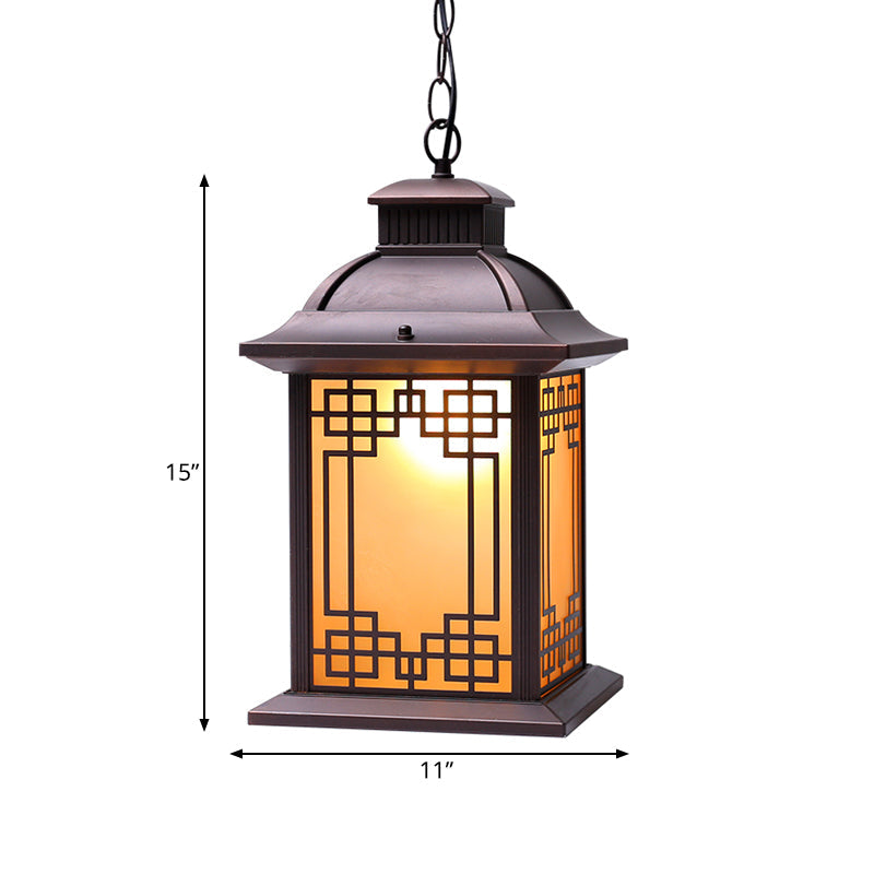 Lodge Lantern Pendant Light - Yellow Glass Down Lighting In Coffee For Outdoor Use