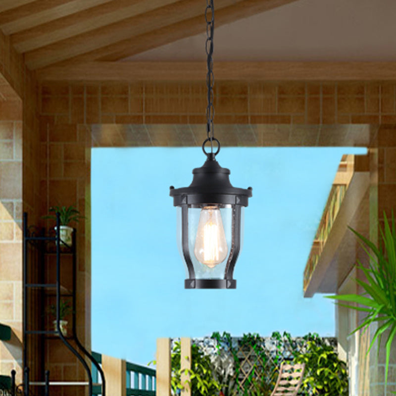 Rustic Lantern Pendant Light Kit With Clear Glass - Perfect For Balcony Textured Black