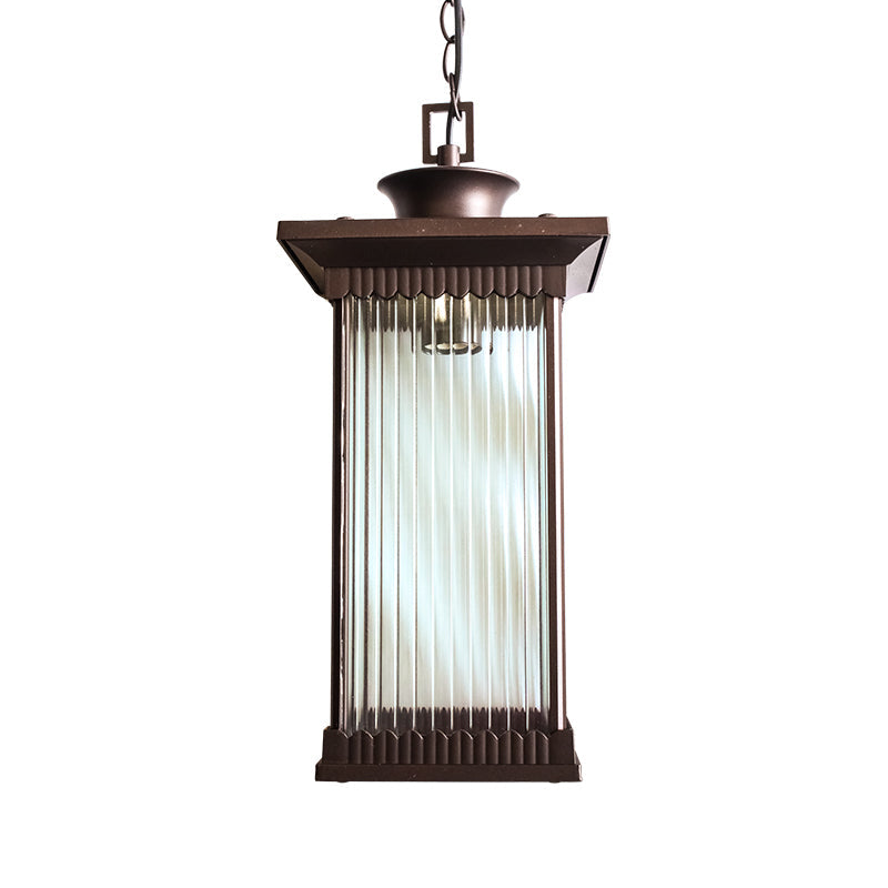 Dark Coffee Ribbed Glass Rectangle Pendant Courtyard Hanging Ceiling Light