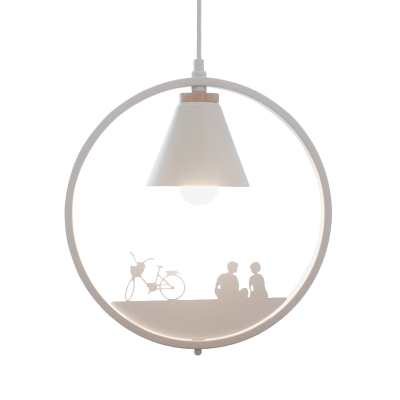 Nordic Style Pendant Lamp With Iron Cone Shade & Paper Cutting Decoration- Black/White 1 Bulb