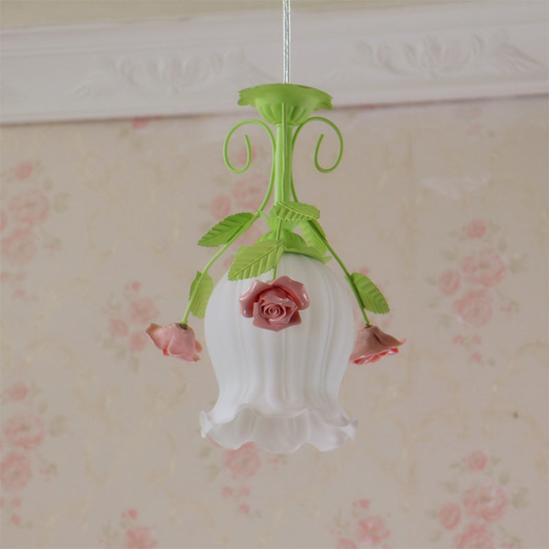 Pink Opal Glass Scallop Ceiling Light With Floral Decoration - Rural Hanging Pendant