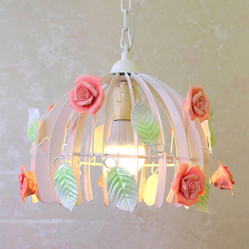Rustic Metal Dome Pendant Light With Pink Hanging Lamp Kit - Floral Deco