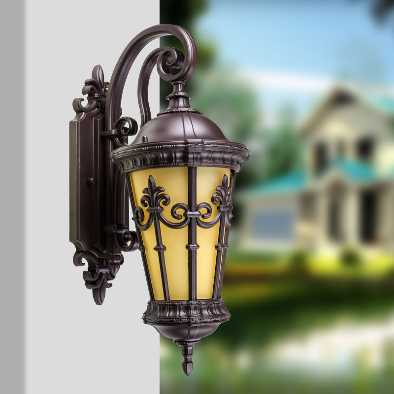 Yellow Glass Lantern Wall Lamp - Outdoor Coffee Single Bulb Lighting Fixture