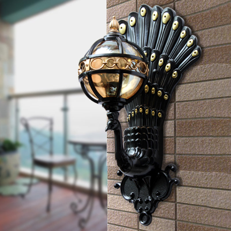 Peacock Backplate Amber Glass Wall Light In Black - Outdoor Ball Lighting With 1 Bulb