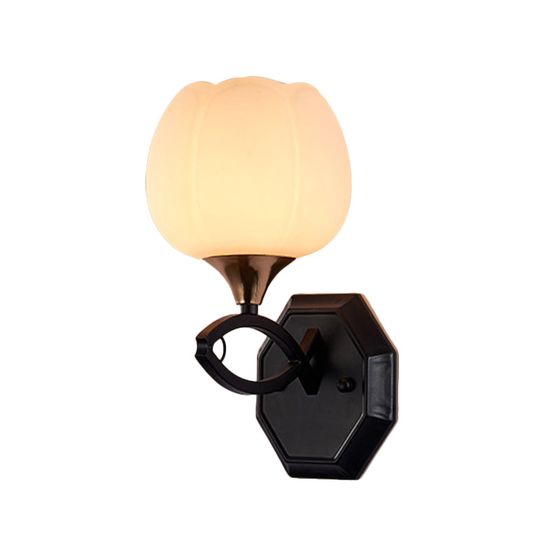 Traditional White Glass Indoor Wall Sconce Lighting With 1-Head And Black Finish - Bud Shape Lamp