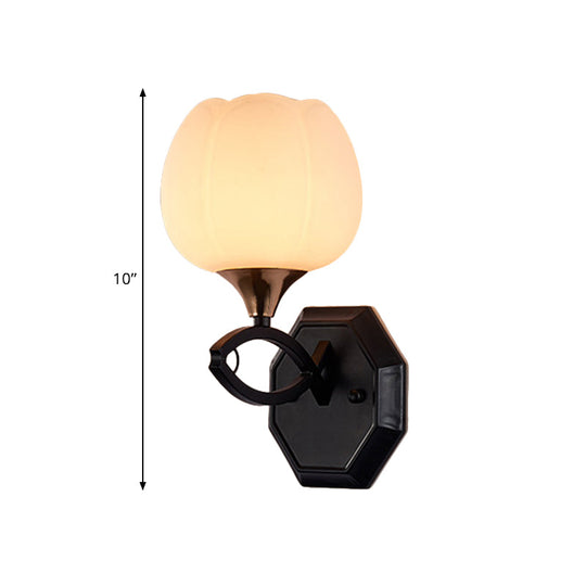 Traditional White Glass Indoor Wall Sconce Lighting With 1-Head And Black Finish - Bud Shape Lamp