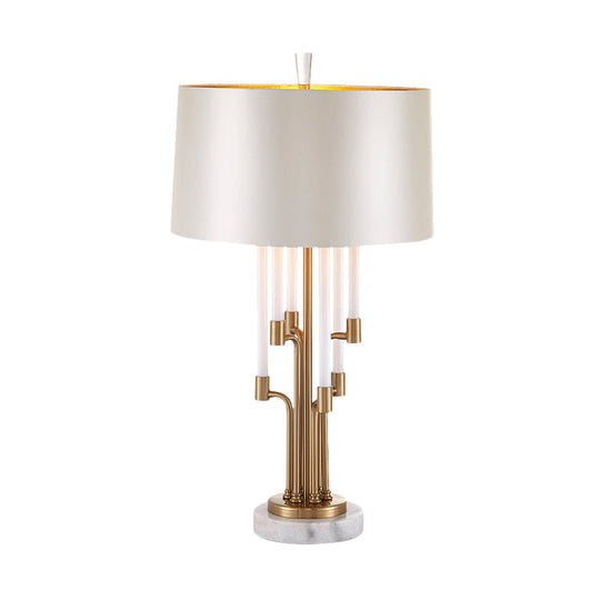 Elisa - Classic Traditional Drum Table Light 1 Light Fabric Nightstand Lighting in Inner Gold with Flute Crystal Deco