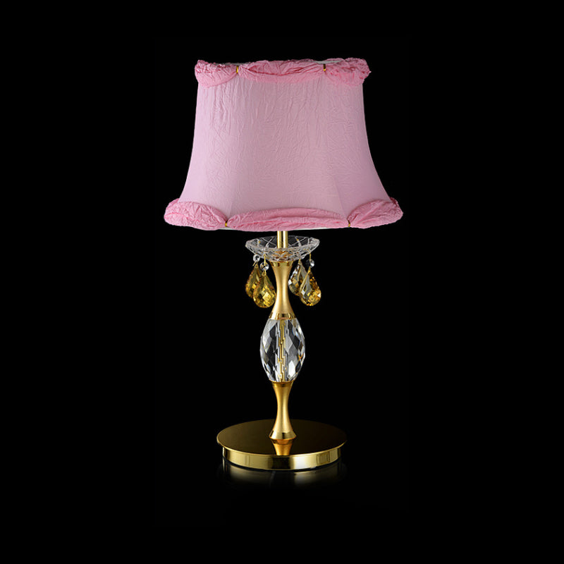 Sleek Pink Crystal Urn Nightstand Lamp For Bedroom - Bell Fabric Table With 1 Light