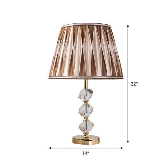 Minimal Brown Fabric Nightstand Lamp With Pleated Shade Crystal Block Design 1 Light