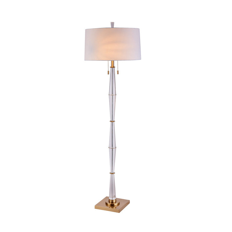Modern White Fabric Floor Lamp With Crystal Rod And Pull Chain - Elegant Minimalist Design 2 Bulbs