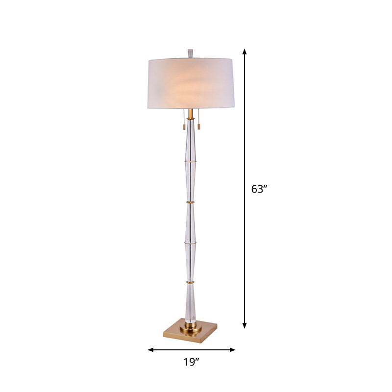 Modern White Fabric Floor Lamp With Crystal Rod And Pull Chain - Elegant Minimalist Design 2 Bulbs