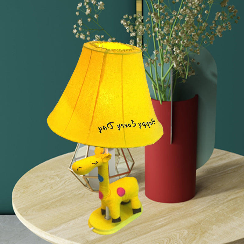Addison - Giraffe Flared Script-Print Fabric Table Lighting Kids Single-Bulb Yellow/Blue/Pink Night Lamp with Giraffe Base