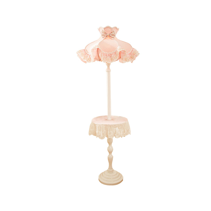 Nordic Pink Lace-Trimmed Stand Up Lamp With White Wood Table - Floor Light 1 Bulb