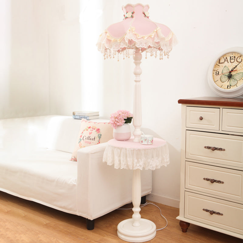Pink-White Fringe Dress Girls Bedroom Floor Lamp With Table - Kids Style Standing Light Pink